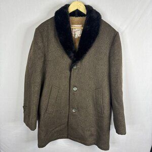 Vintage Wool Car Coat Sherpa Lined Faux Fur Collar Mackinaw Jacket Men’s 38
